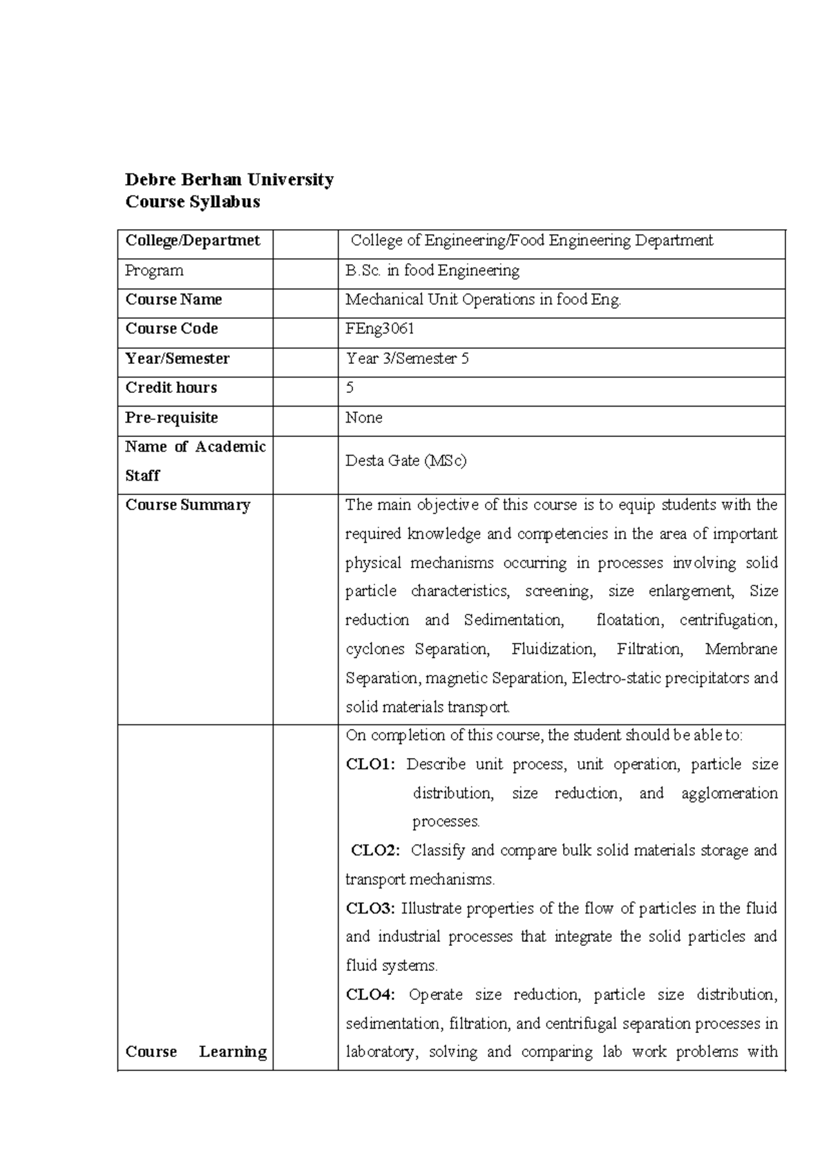MUO course syllabus - unit oepration - Debre Berhan University Course ...