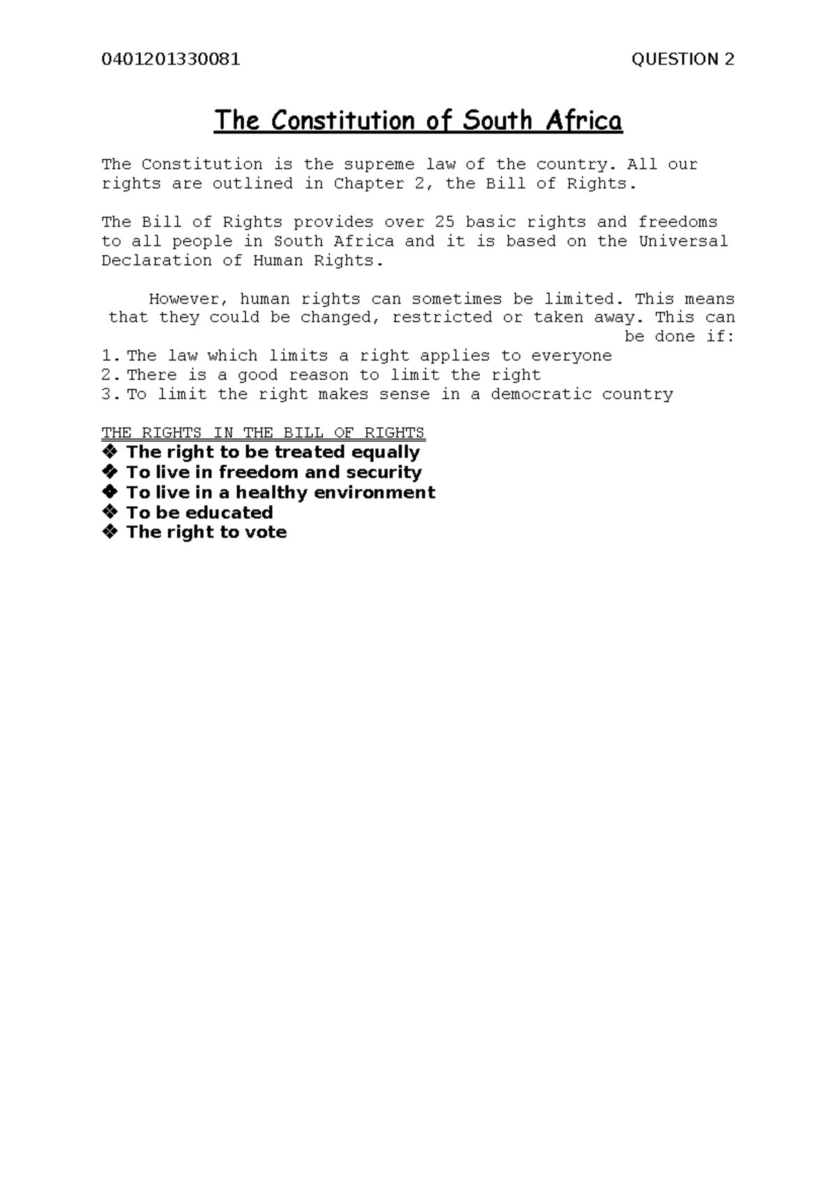 0401201330081 Midterm: Understanding the South African Constitution ...