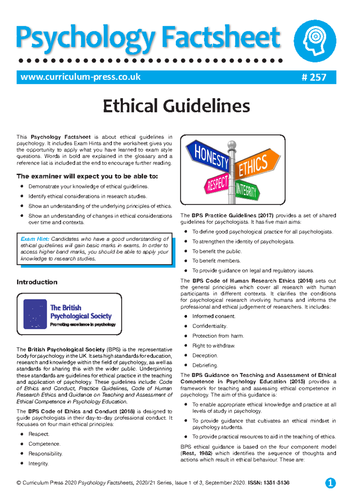 257-Ethical-Guidelines - © Curriculum Press 2020 Psychology Factsheets ...