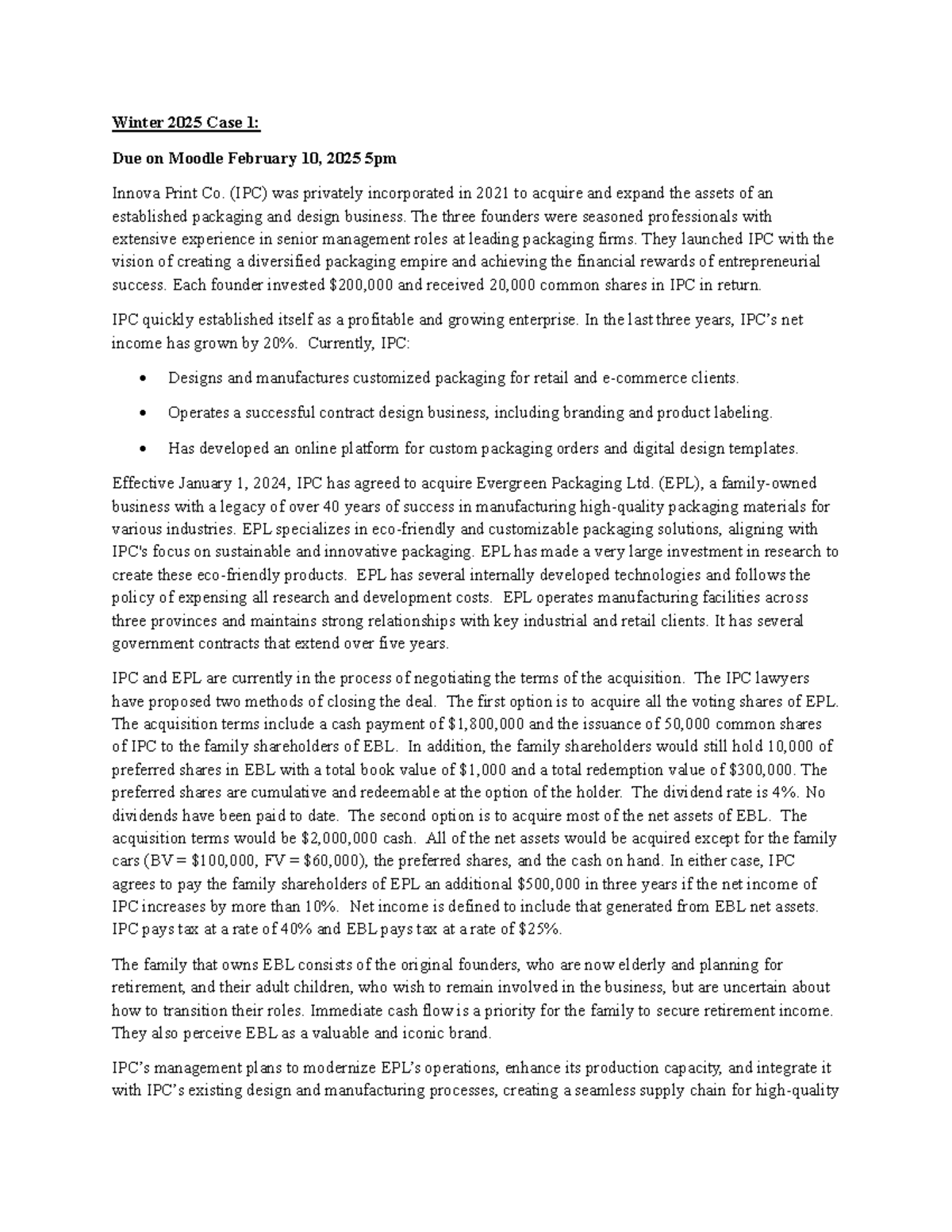 Winter 2025 Case Study: Innova Print Co. Acquisition Analysis - Studocu