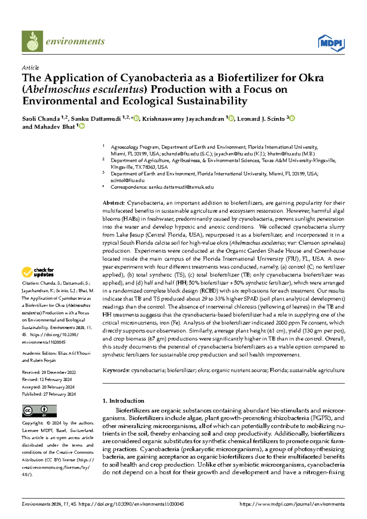 The Application of Cyanobacteria Biofertilizers on Okra Production ...