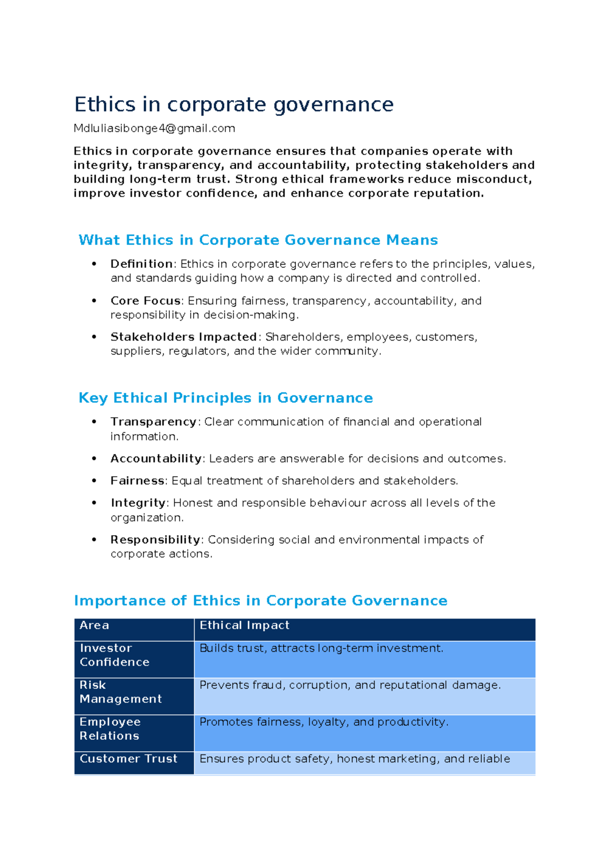 Ethics in Corporate Governance: Principles and Importance - Studocu