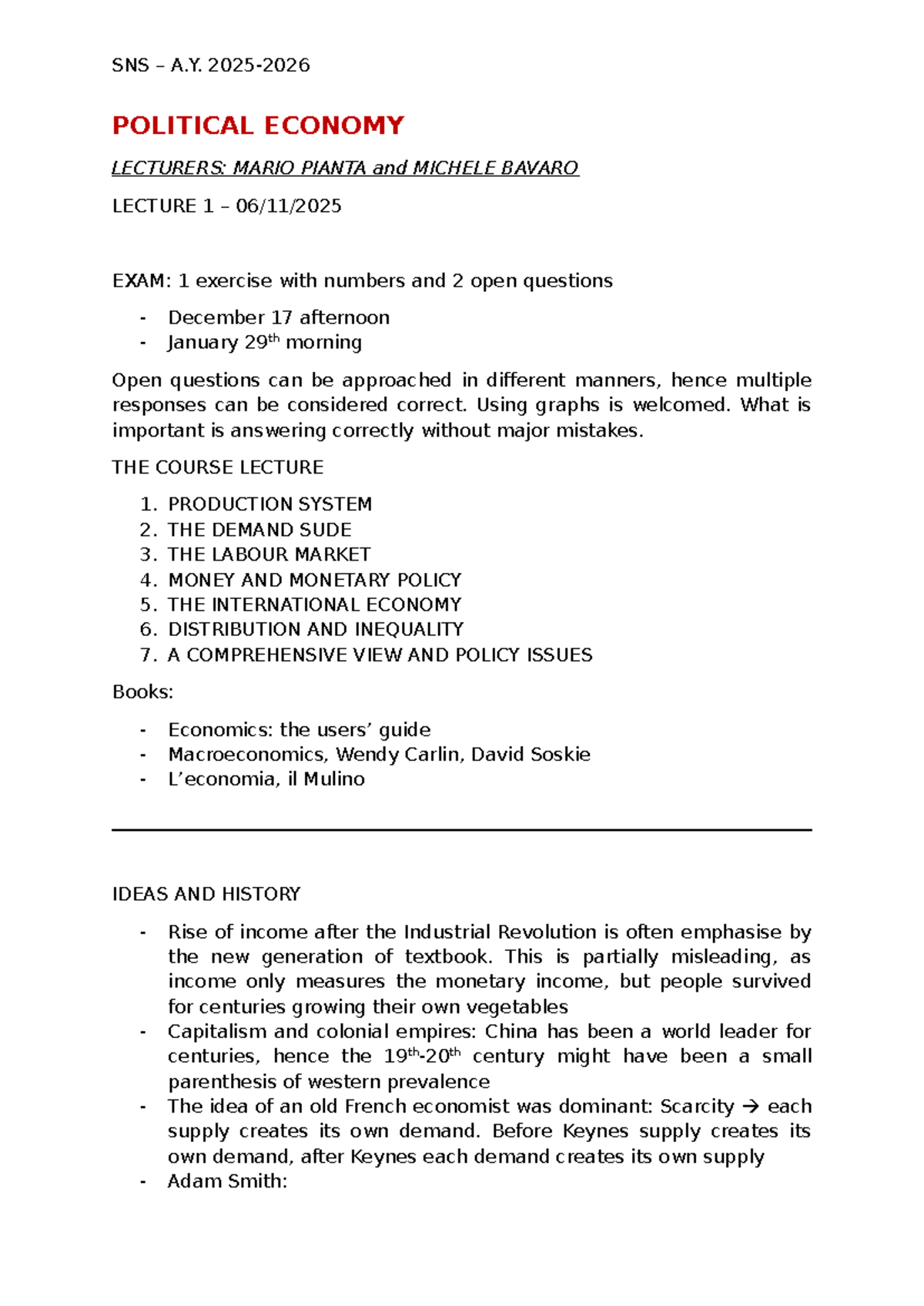 SNS A.Y. POLITICAL ECONOMY LECTURE NOTES: KEY CONCEPTS AND MODELS - Studocu