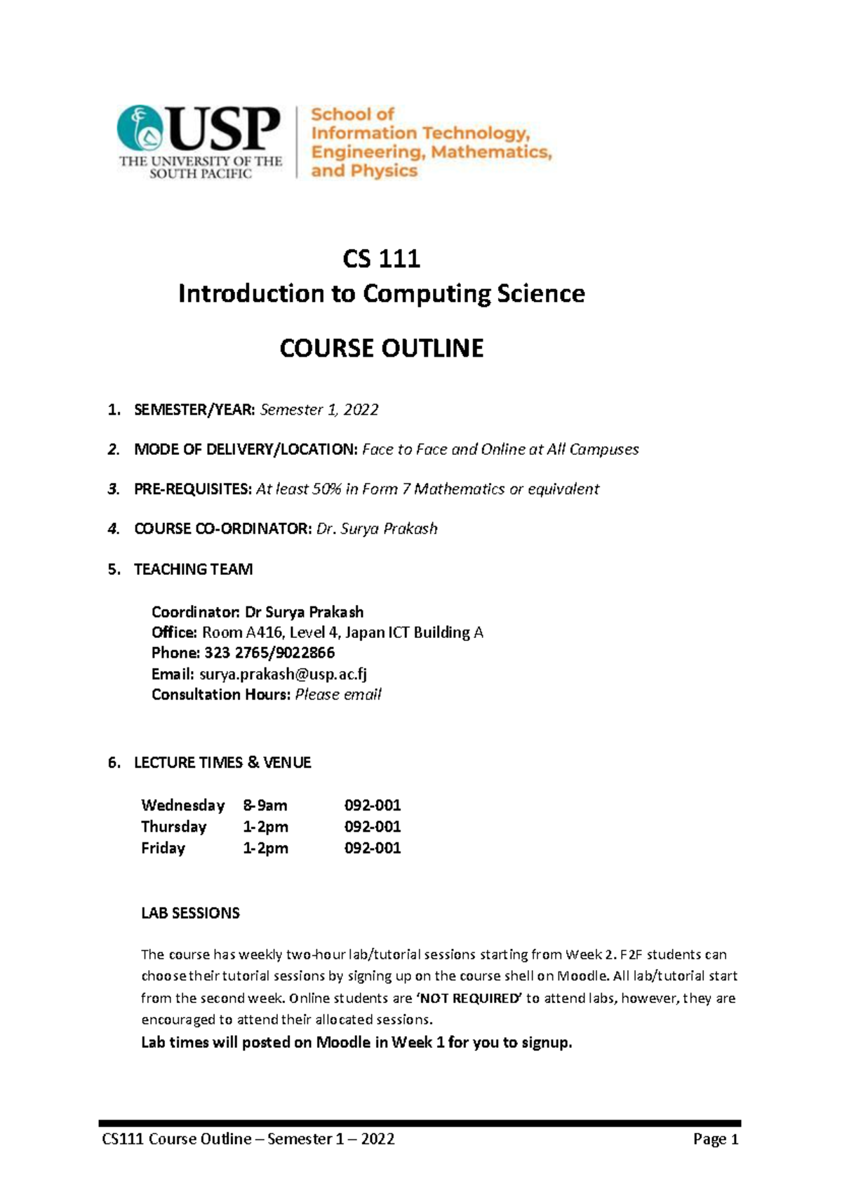CS111 Course Outline: Introduction to Computing Science (Sem 1, 2022 ...