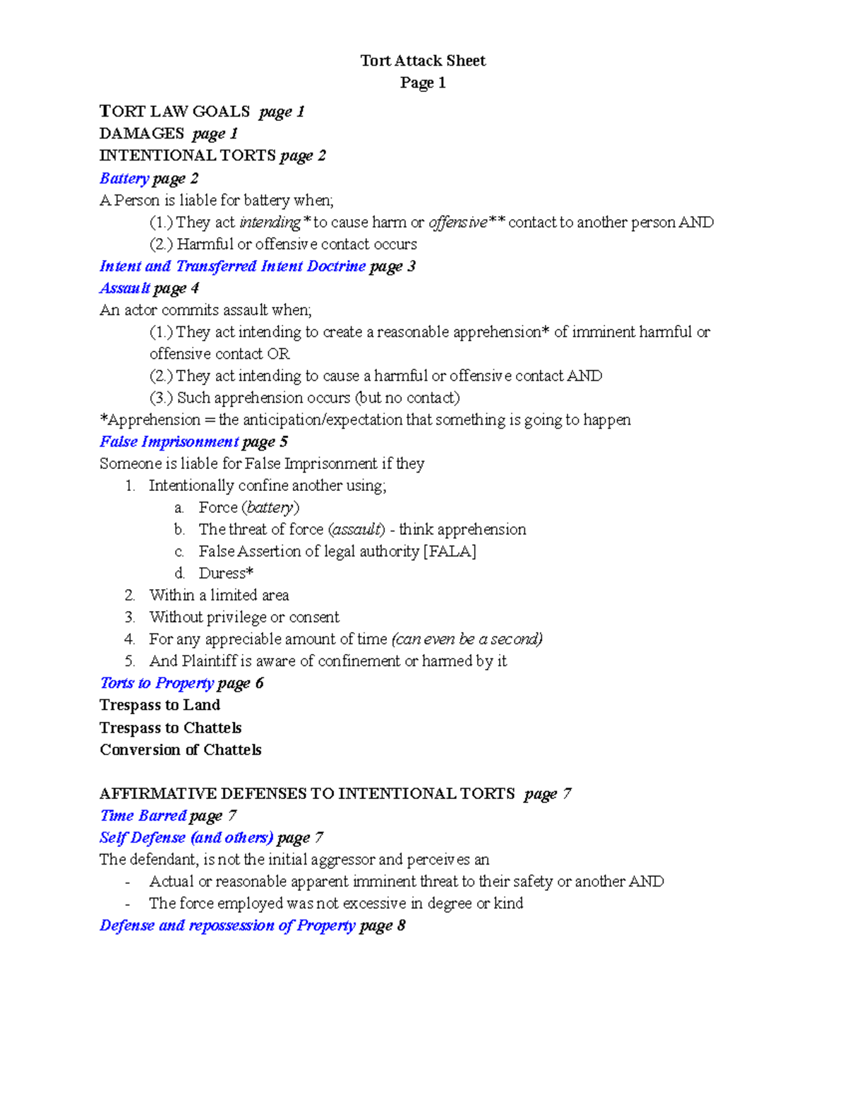 Torts Law Final Exam Attack Sheet for Professor: Key Legal Issues - Studocu