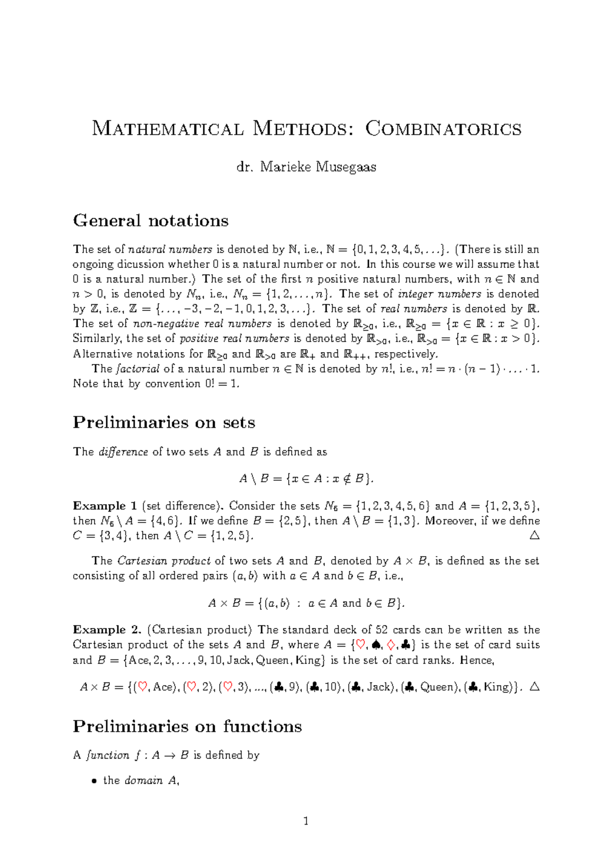 Mathematical Methods: Handout on Combinatorics and Functions - Studeersnel