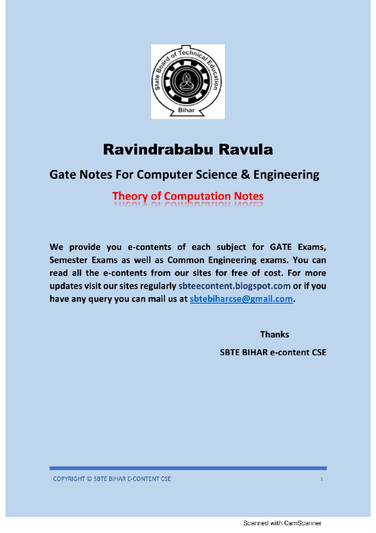 GATE CSE Theory of Computation Notes - Ravindrababu Ravula - Studocu