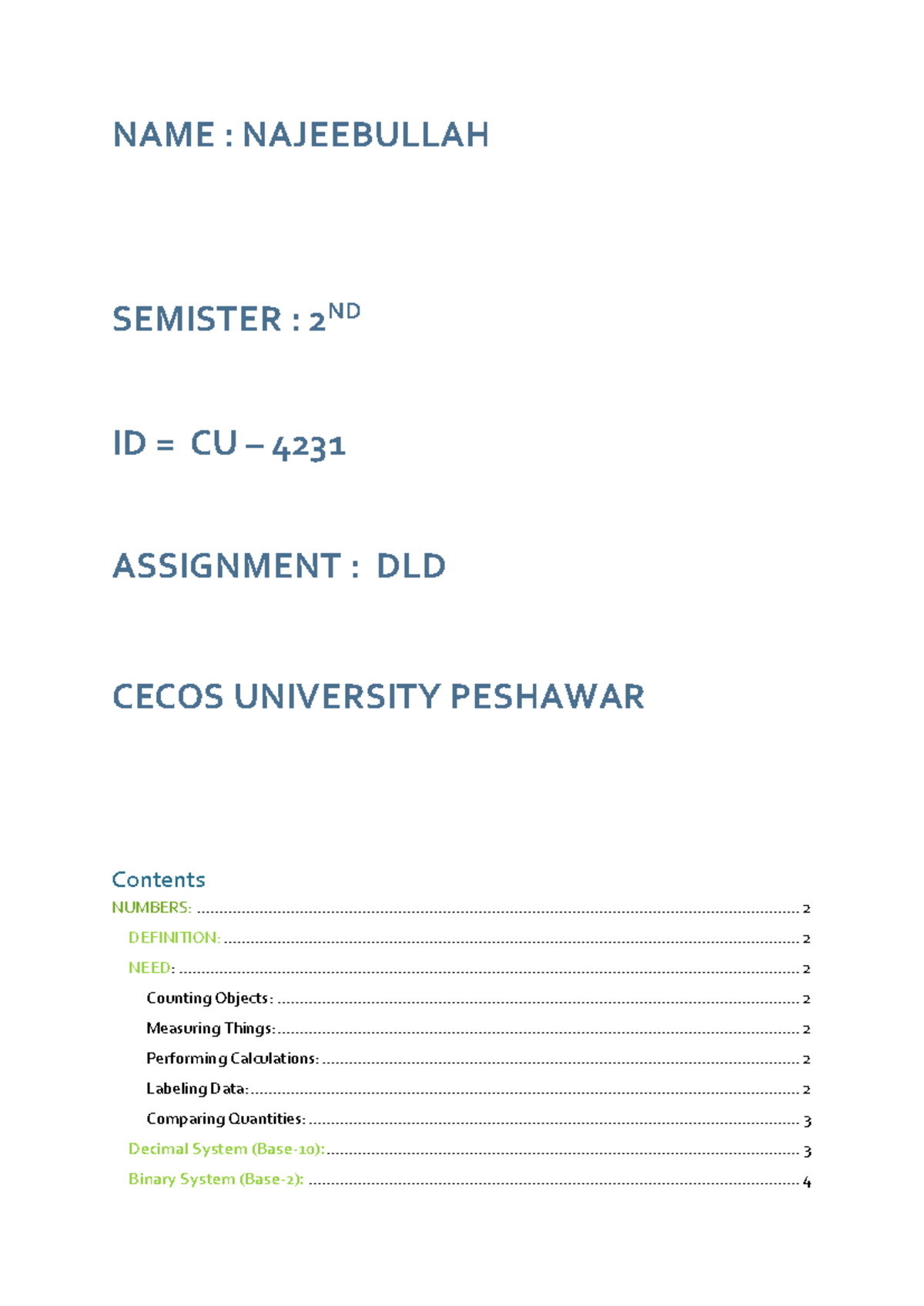 DLD Assignment - Number Systems Overview (CU-4231, Semester 2) - Studocu