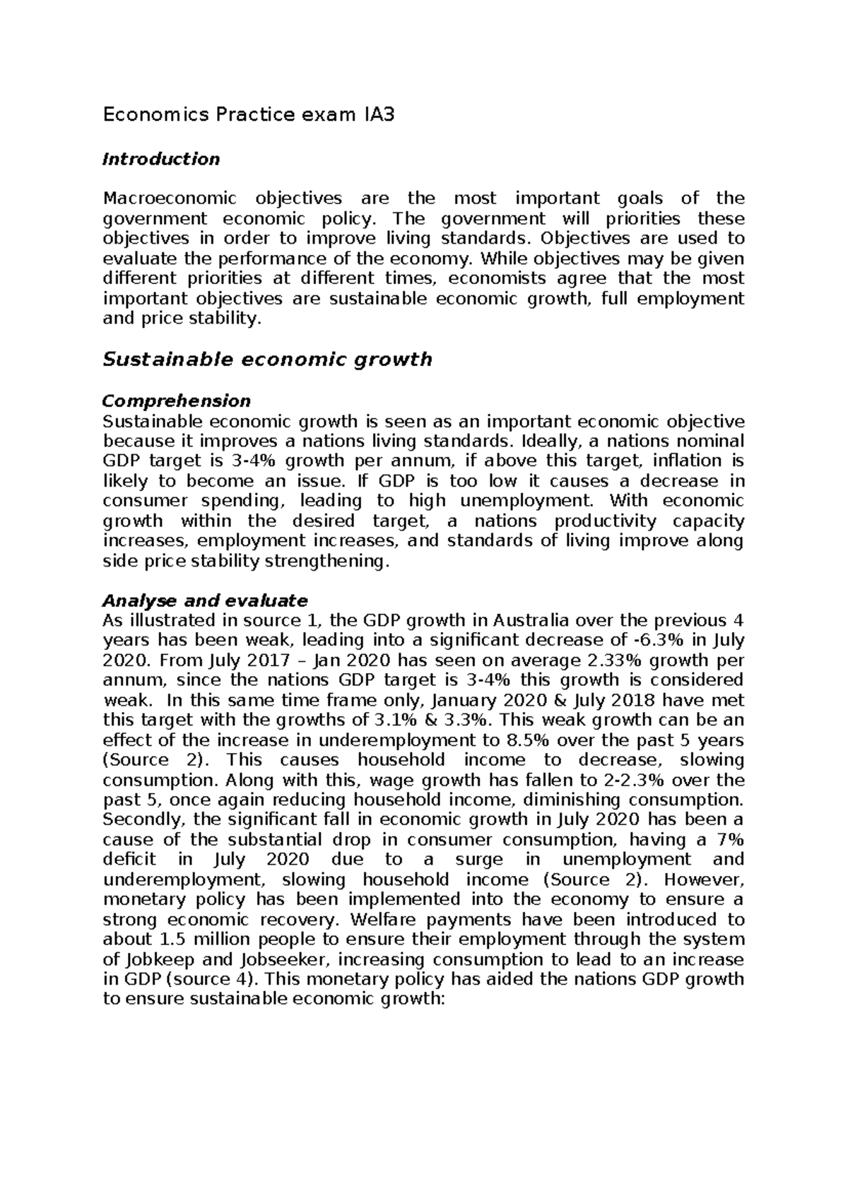 Economics Practice Exam IA3: Macroeconomic Objectives & Stability ...