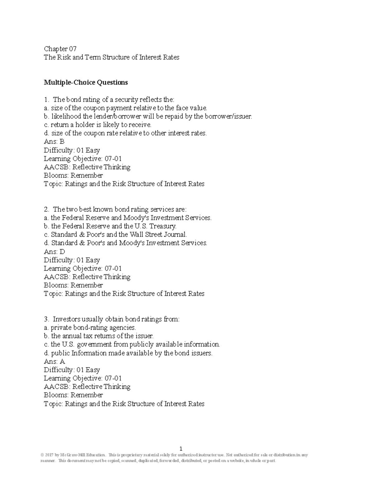 Cecchetti 5e Chapter 07 Test Bank - The Risk and Term Structure of ...