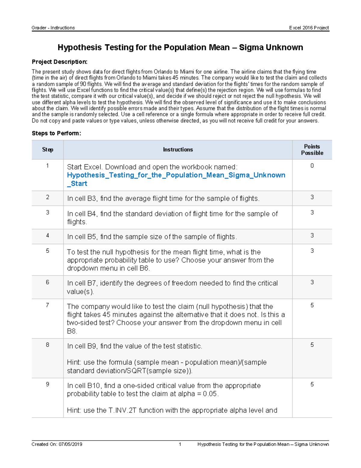 Excel 2016 Project: Hypothesis Testing for Population Mean (Sigma ...