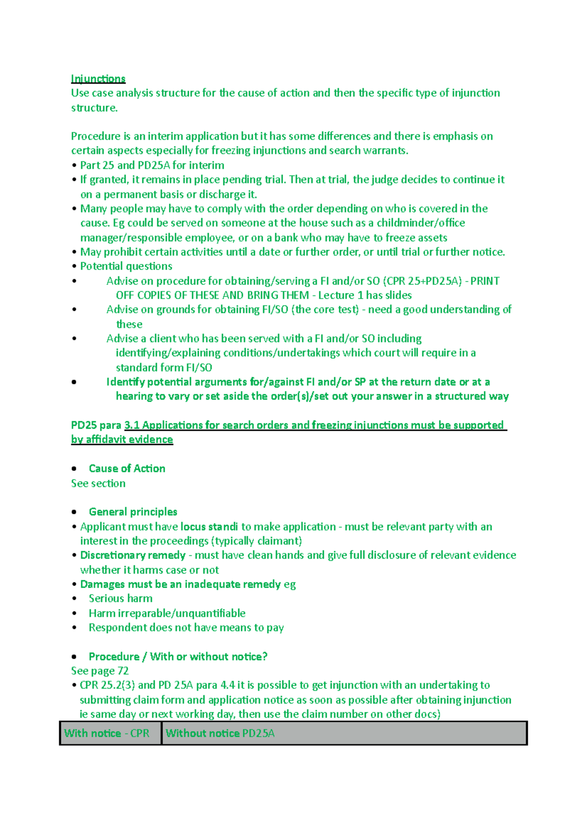 Injunctions - Law Lecture Notes on Freezing and Search Orders - Studocu
