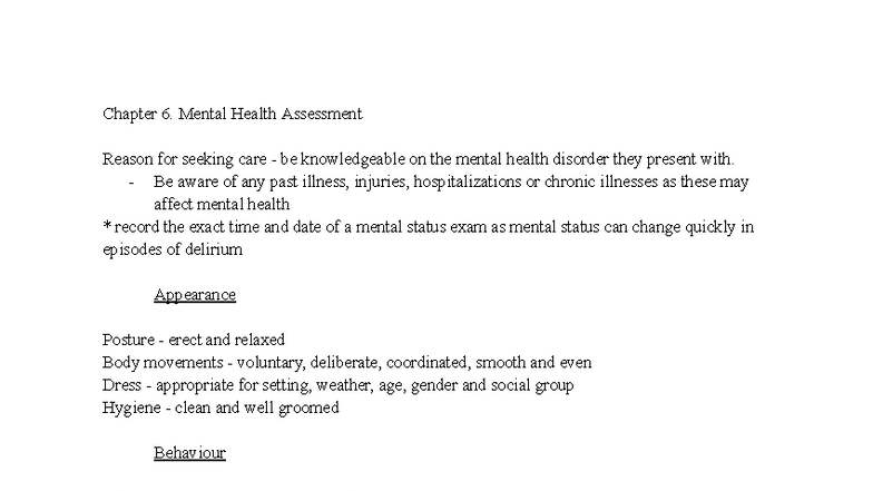Chapter 6 & 17: Mental Health Assessment Notes (Independent Study ...