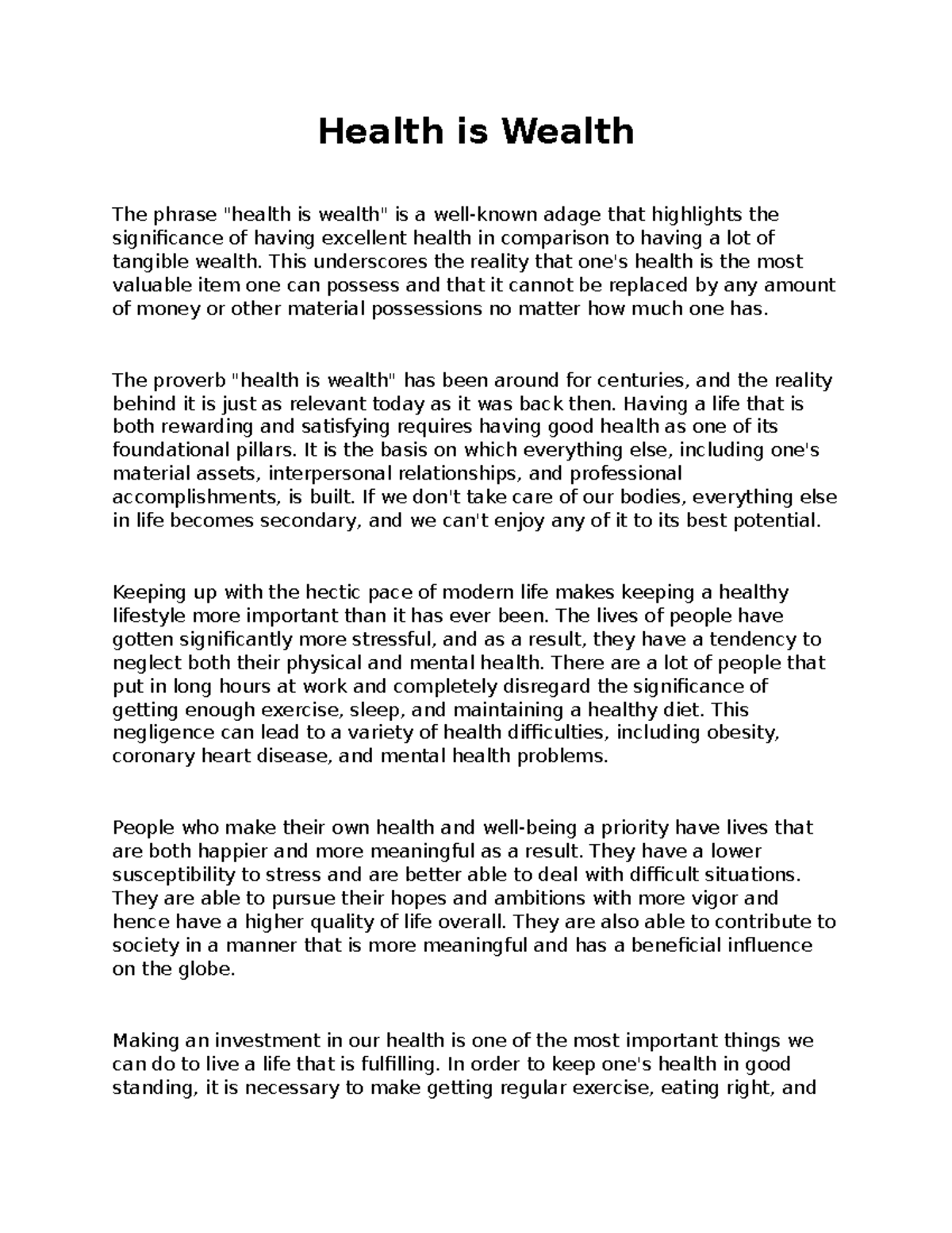 HLS 101: Health is Wealth - Understanding Its True Value (Essay) - Studocu