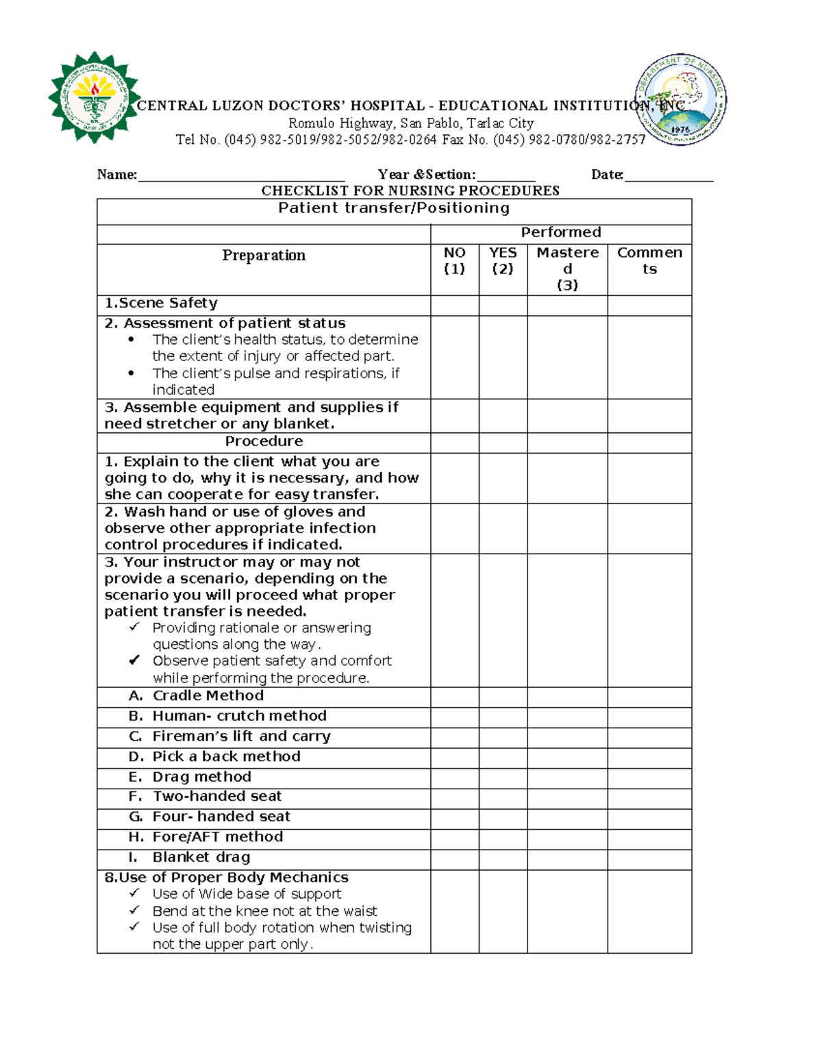 Checklist for Patient Transfer Procedures in Nursing - Studocu
