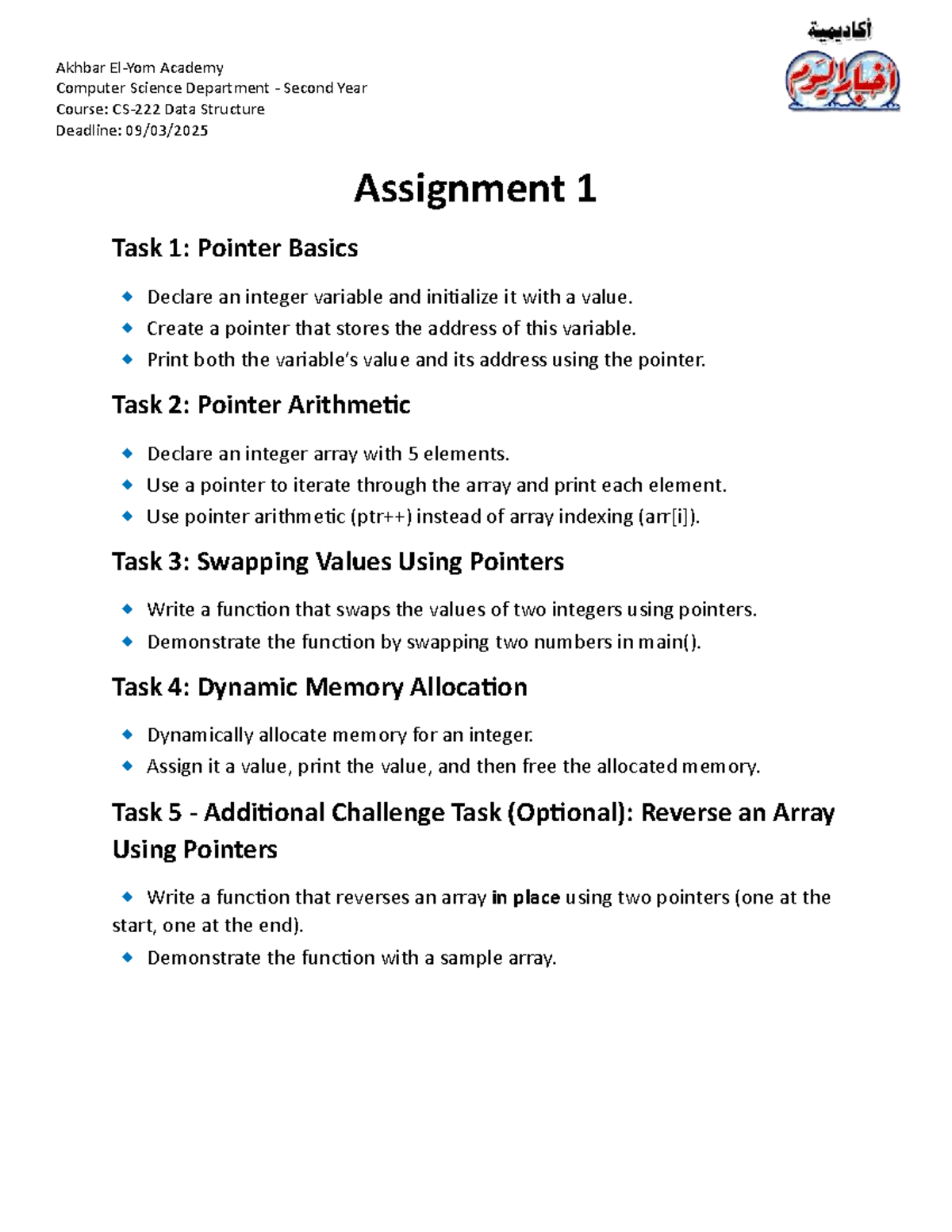 Data Structure Assignment 1: Pointer Basics & Challenges - Studocu