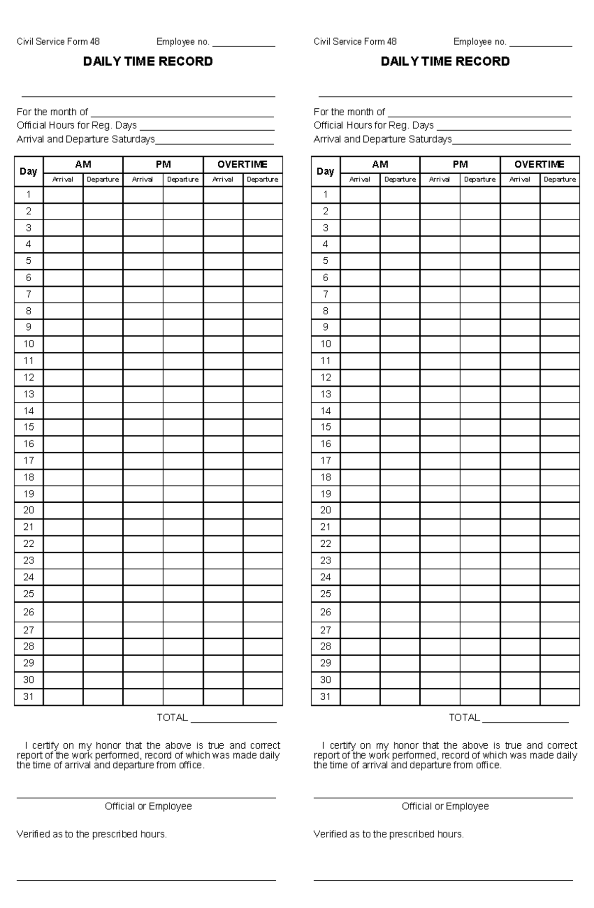 Civil Service Form 48: Daily Time Record Template - Studocu