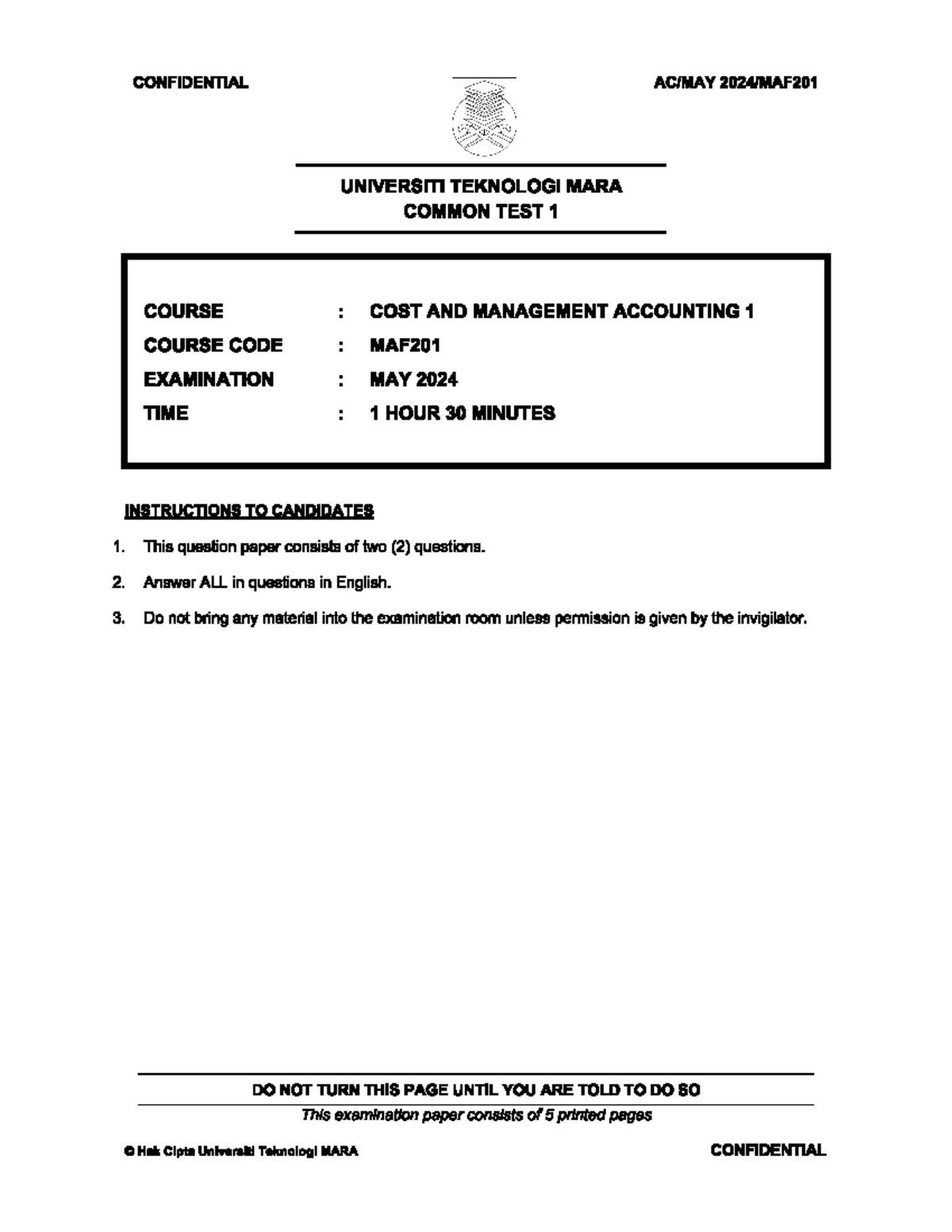 CT MAF201 Common Test 1 Cost & Management Accounting May 2024 - Studocu