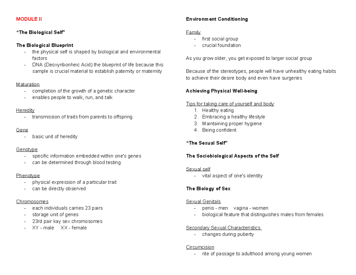 Module 2 GE UTS Study Guide: The Biological and Emotional Self - Studocu