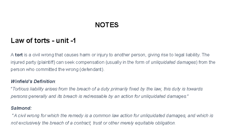 Torts Notes - Unit A: Understanding Civil Wrong and Liability - Studocu