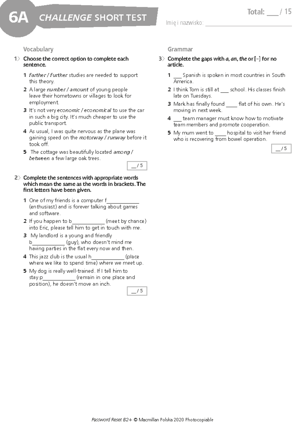 B2+ CST 6A Vocabulary & Grammar Challenge Short Test - Studocu