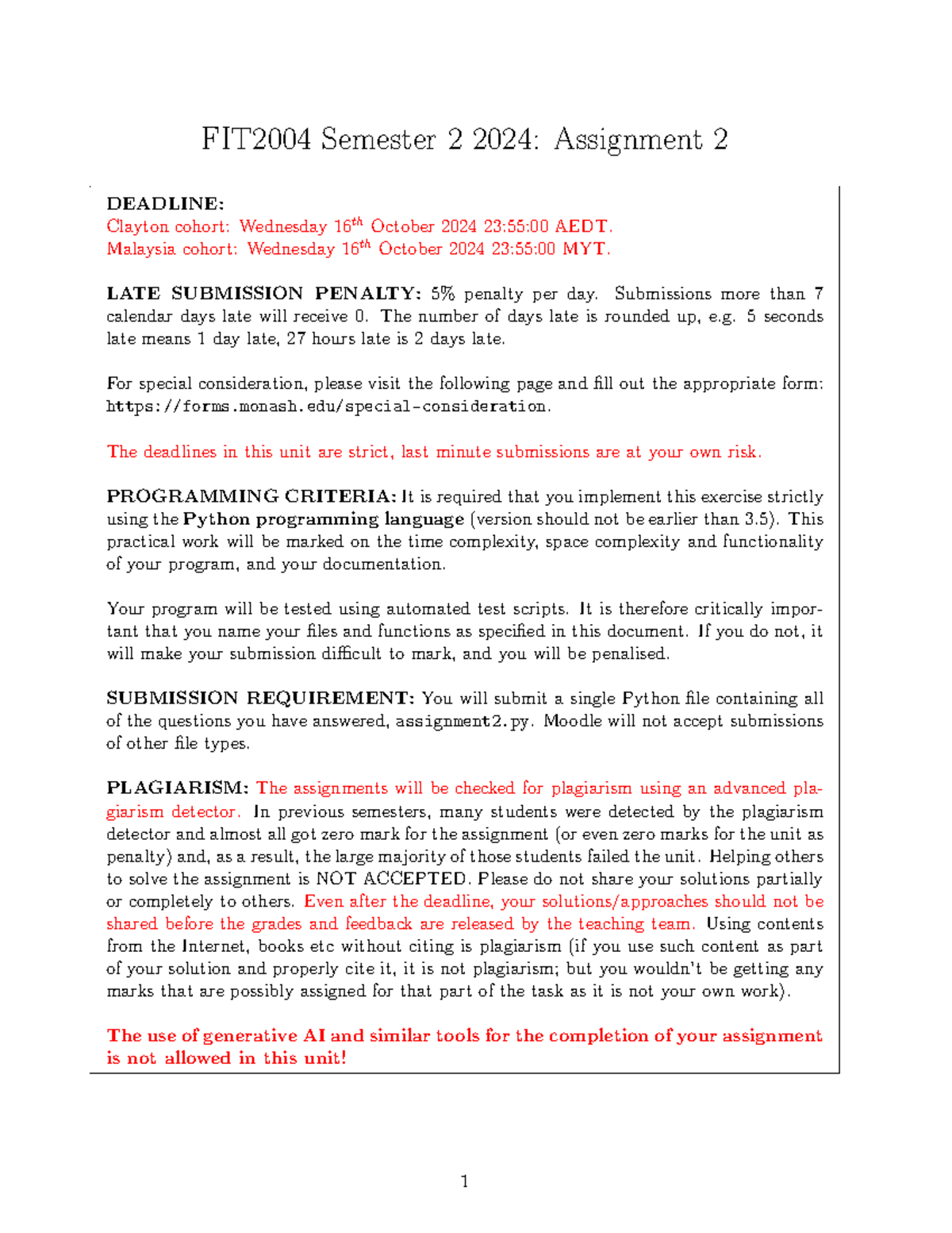 FIT2004 Semester 2 2024: Assignment 2 Guidelines and Deadlines - Studocu