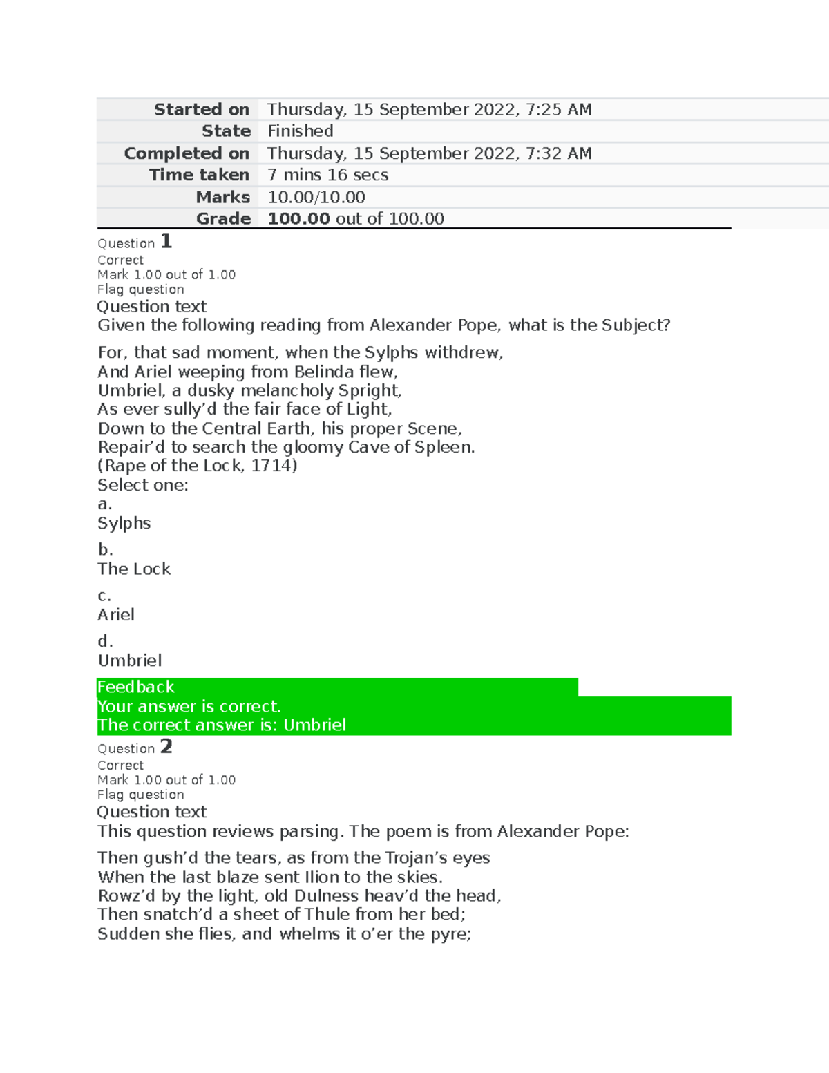ENGL 1405-01 Graded Quiz Unit 3 Results: Alexander Pope Analysis - Studocu