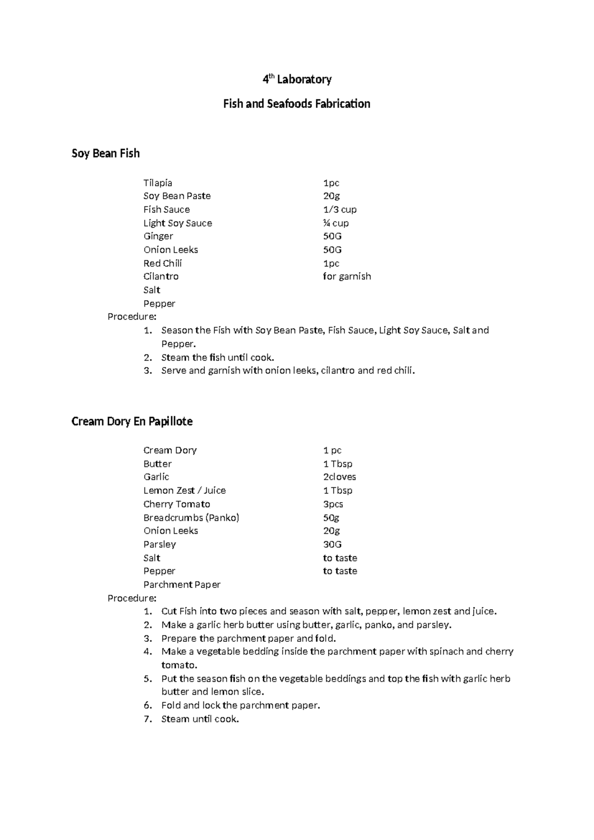 3rd Laboratory Recipe: Fish and Seafood Dishes - Studocu