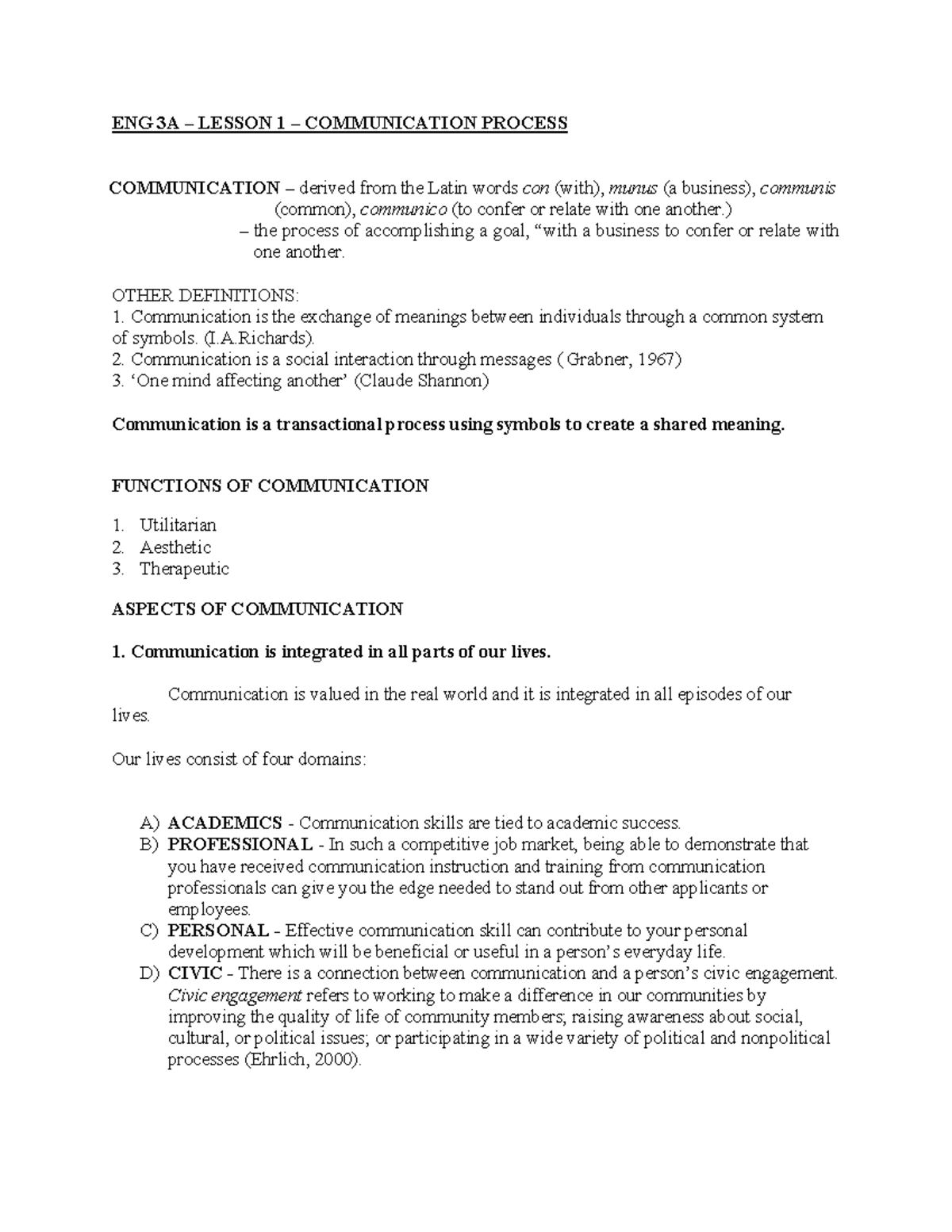 ENG 3A LESSONS 1-3: Communication Process, Issues & Ethics - Studocu