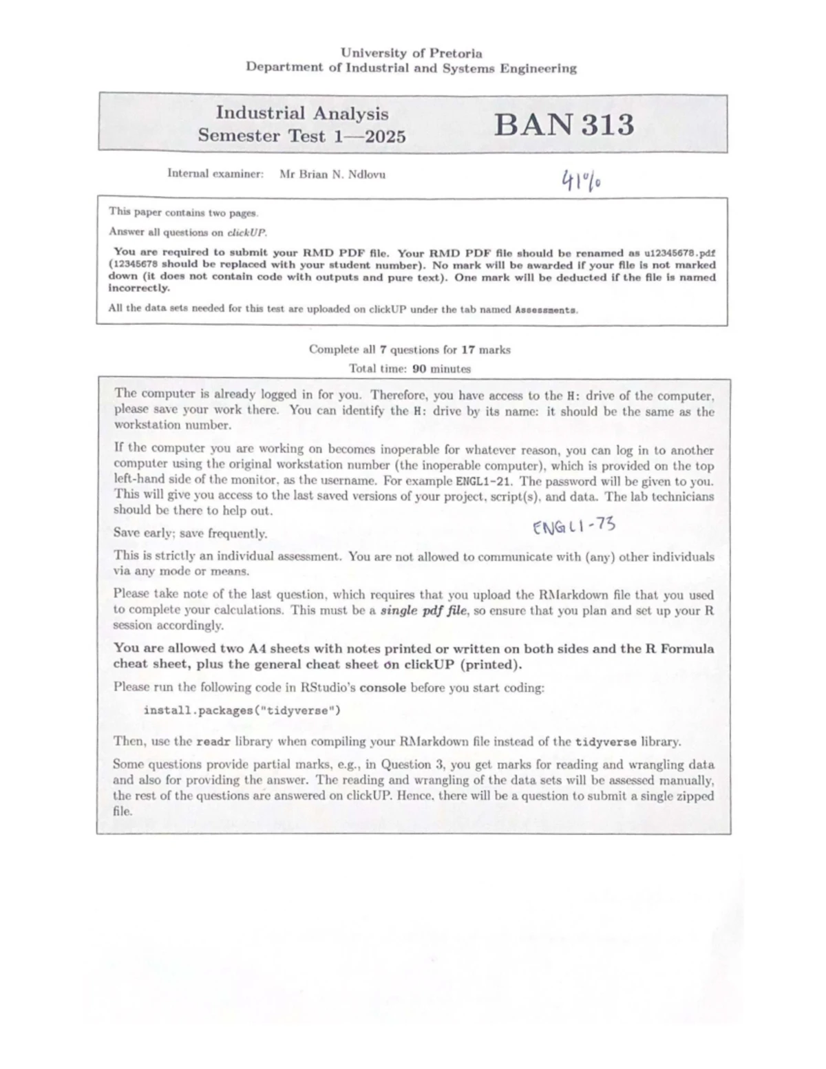 BAN313 E01 July 2020 Exam Memo: Data Analysis & Results - Studocu