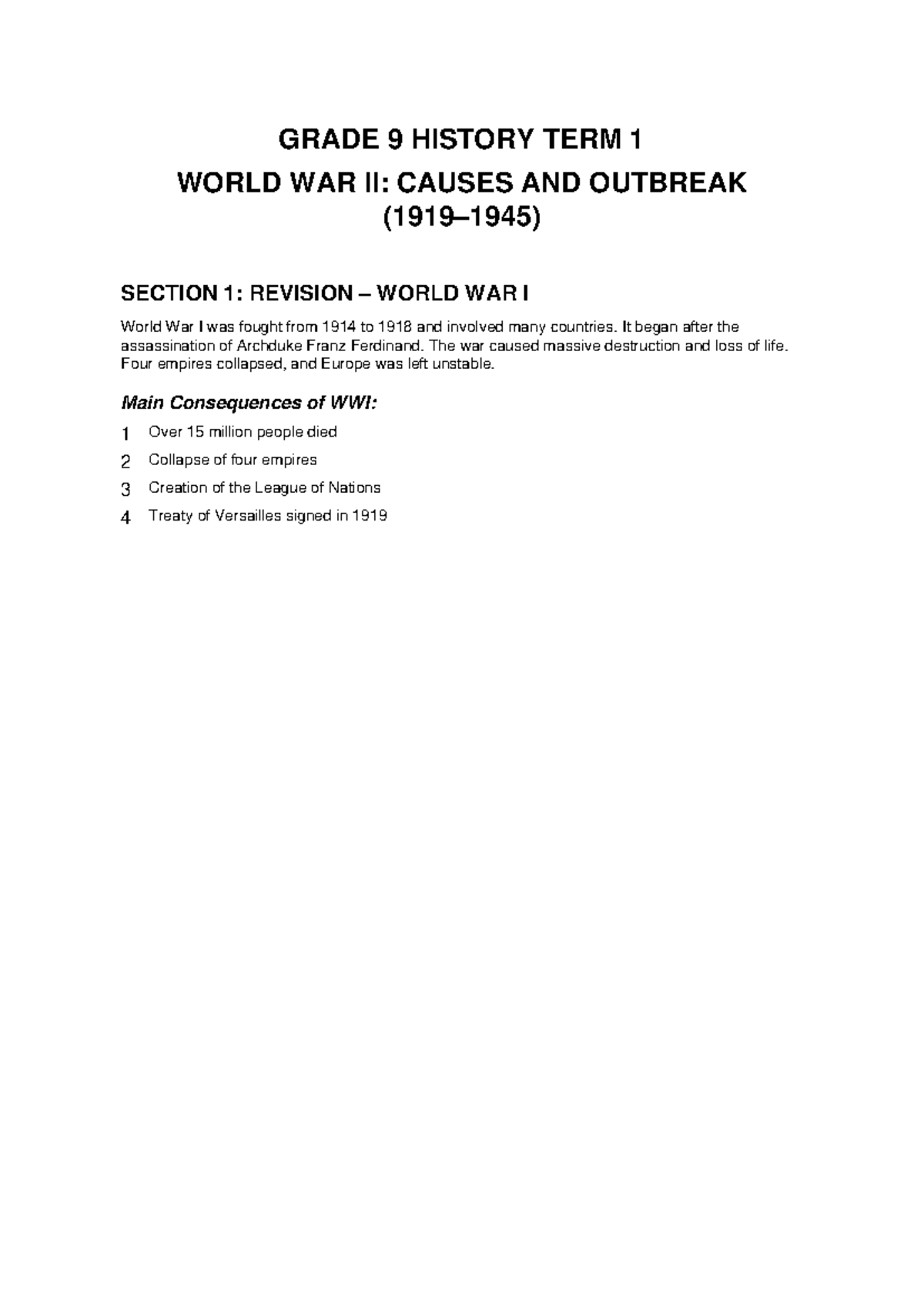 GRADE 9 HISTORY TERM 1: WORLD WAR II CAUSES & IMPACTS - Studocu