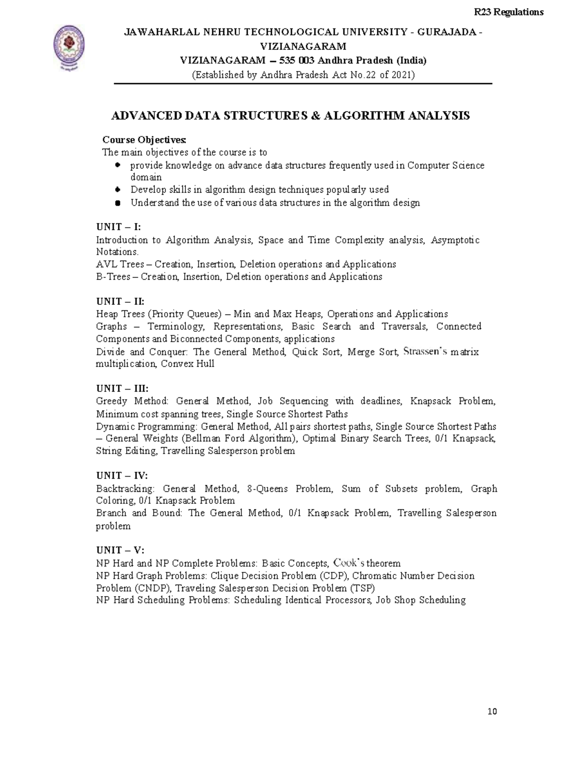 ADVANCED DATA STRUCTURES & ALGORITHM ANALYSIS (R23) Notes - Studocu