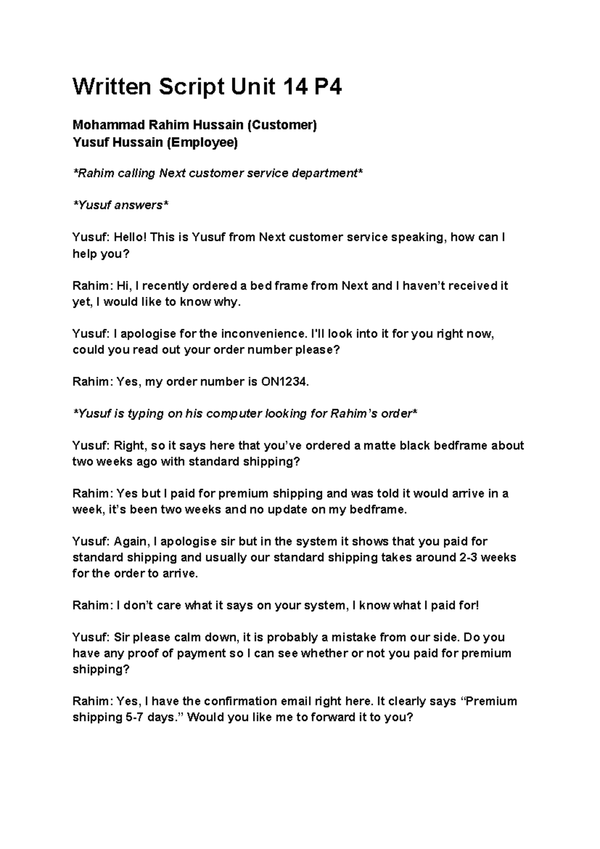 Unit 14 P4 Script - Customer Service Call Example - Studocu