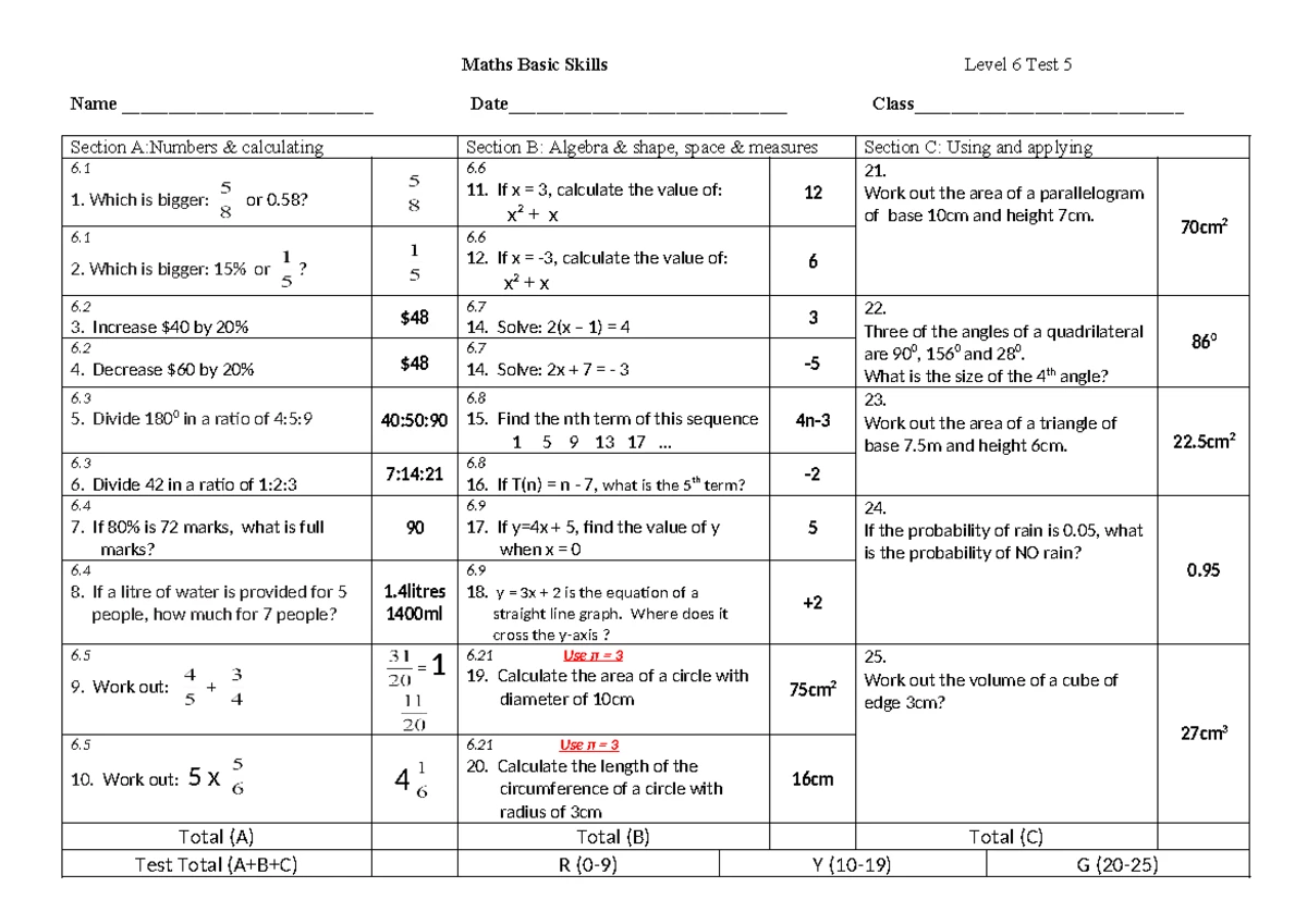 Maths Level 6 Test 12: Practice Exercises & Answers - Studocu