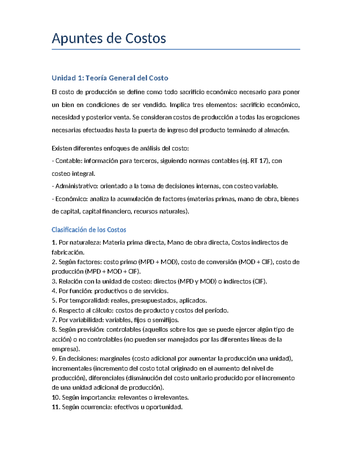 Apuntes de Costos - Unidad 1: Teoría General del Costo y Más - Studocu