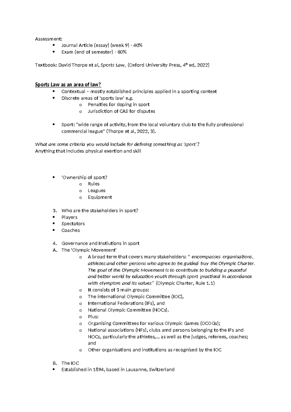 Sports Law LW 1: Understanding Key Concepts and Governance - Studocu
