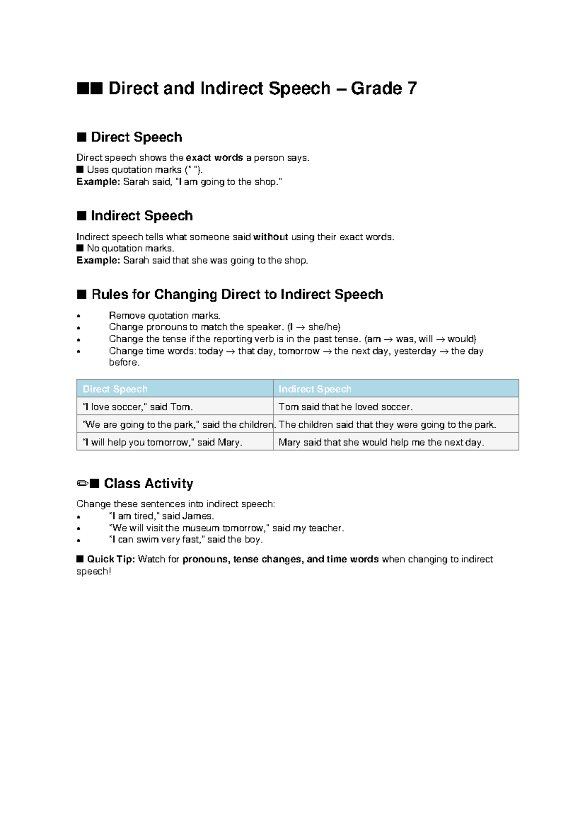 Direct & Indirect Speech Guide for Grade 7 - Studocu