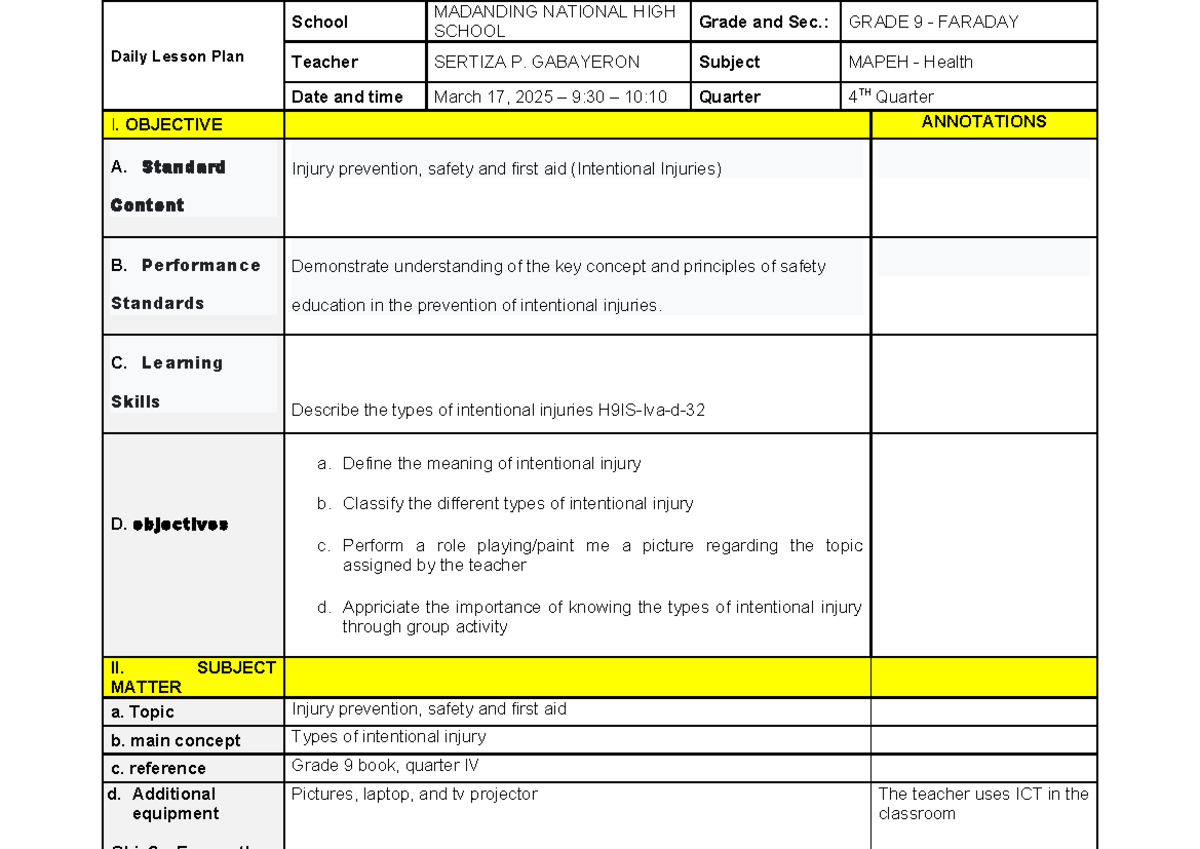 Daily Lesson Plan for MAPEH Grade 9 - 4th Quarter (March 17, 2025 ...