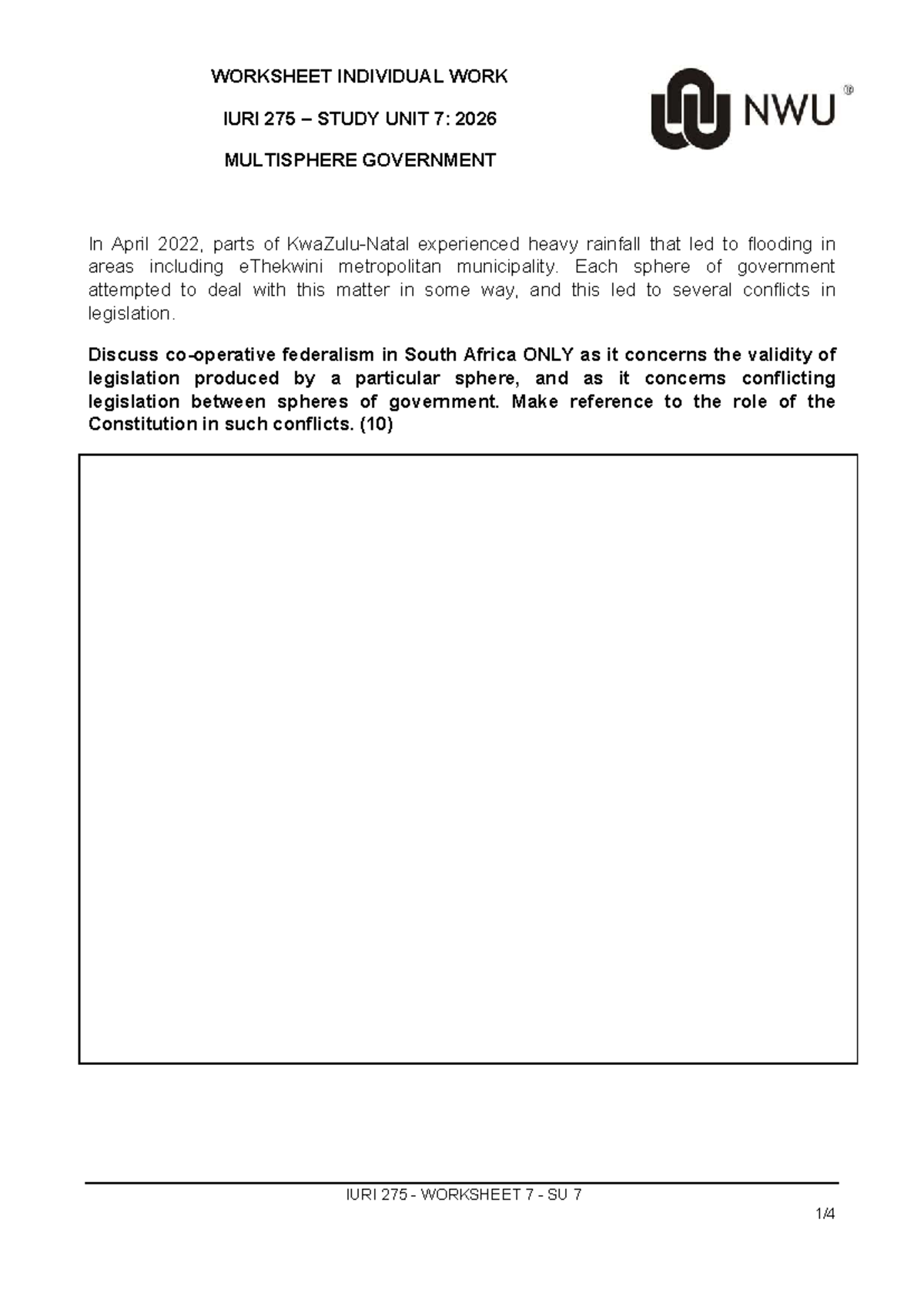 IURI 275 Worksheet: Federalism & KZN Stormwater Management Act Analysis ...