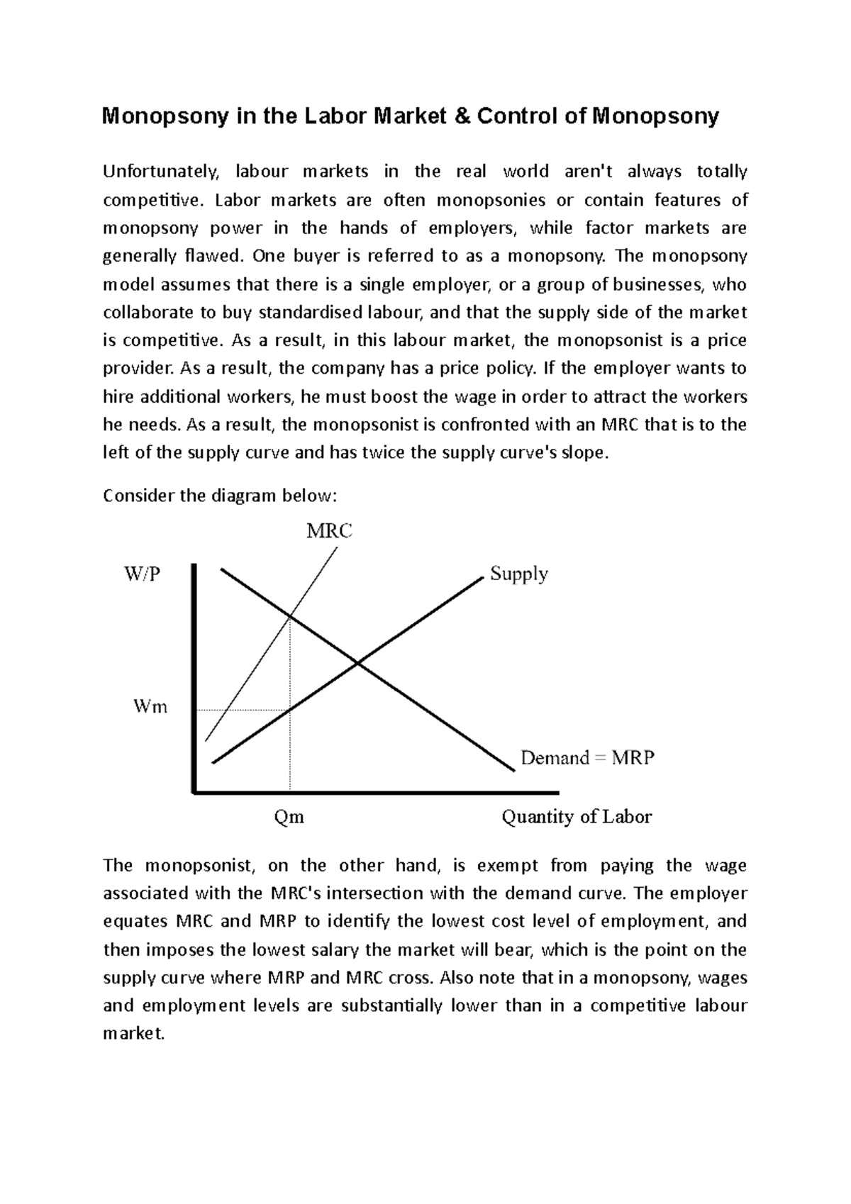 Labor Market Monopsony: Control Mechanisms and Efficiency Issues - Studocu