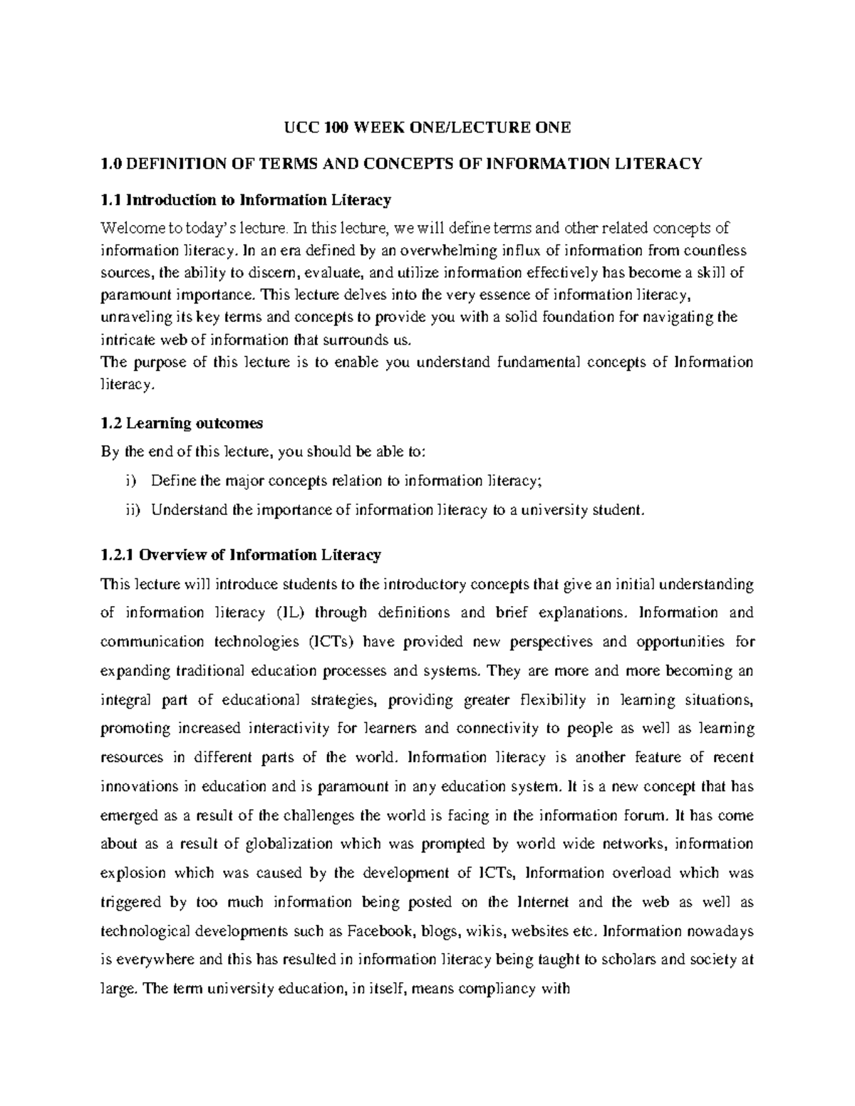 UCC 100 - Lecture ONE - UCC 100 WEEK ONE/LECTURE ONE 1 DEFINITION OF ...