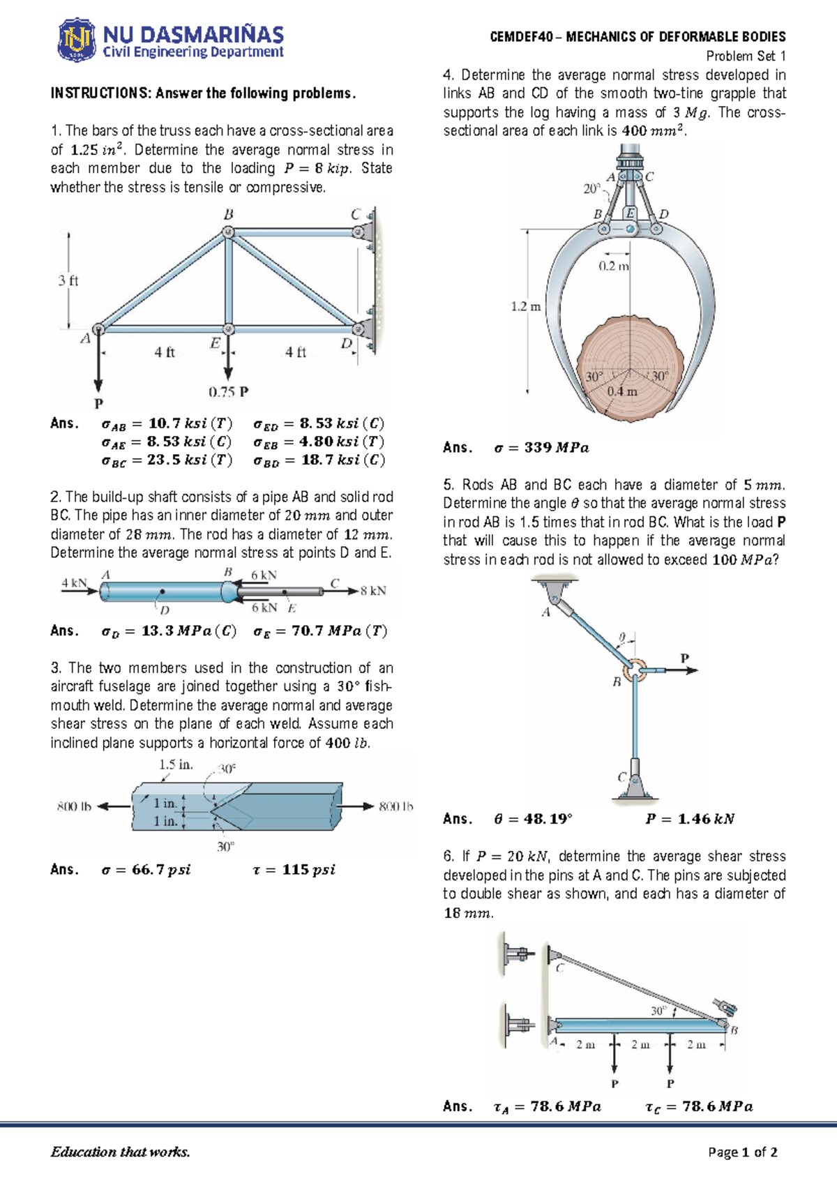 Problem Set 1 - Mechanics of Deformable Bodies CEMDEF4 24-25 - Studocu