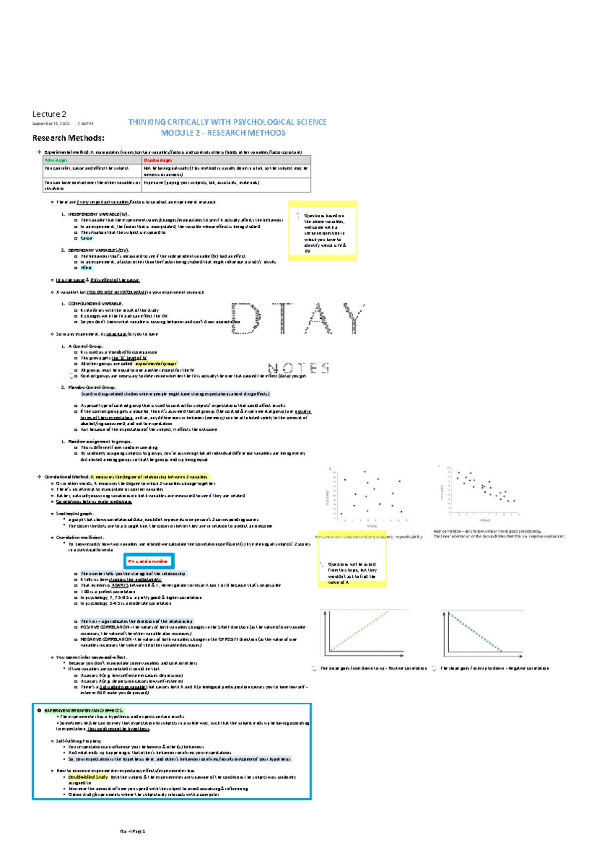 PSYC 1010 Lecture Notes: Research Methods & Correlation Analysis - Studocu