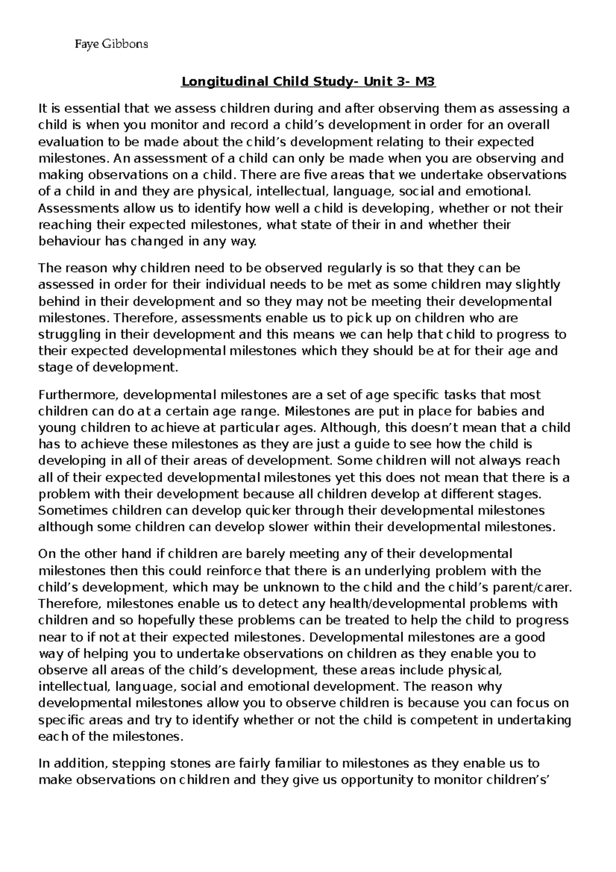 Longitudinal Child Study - Unit 3: Assessing Developmental Milestones ...
