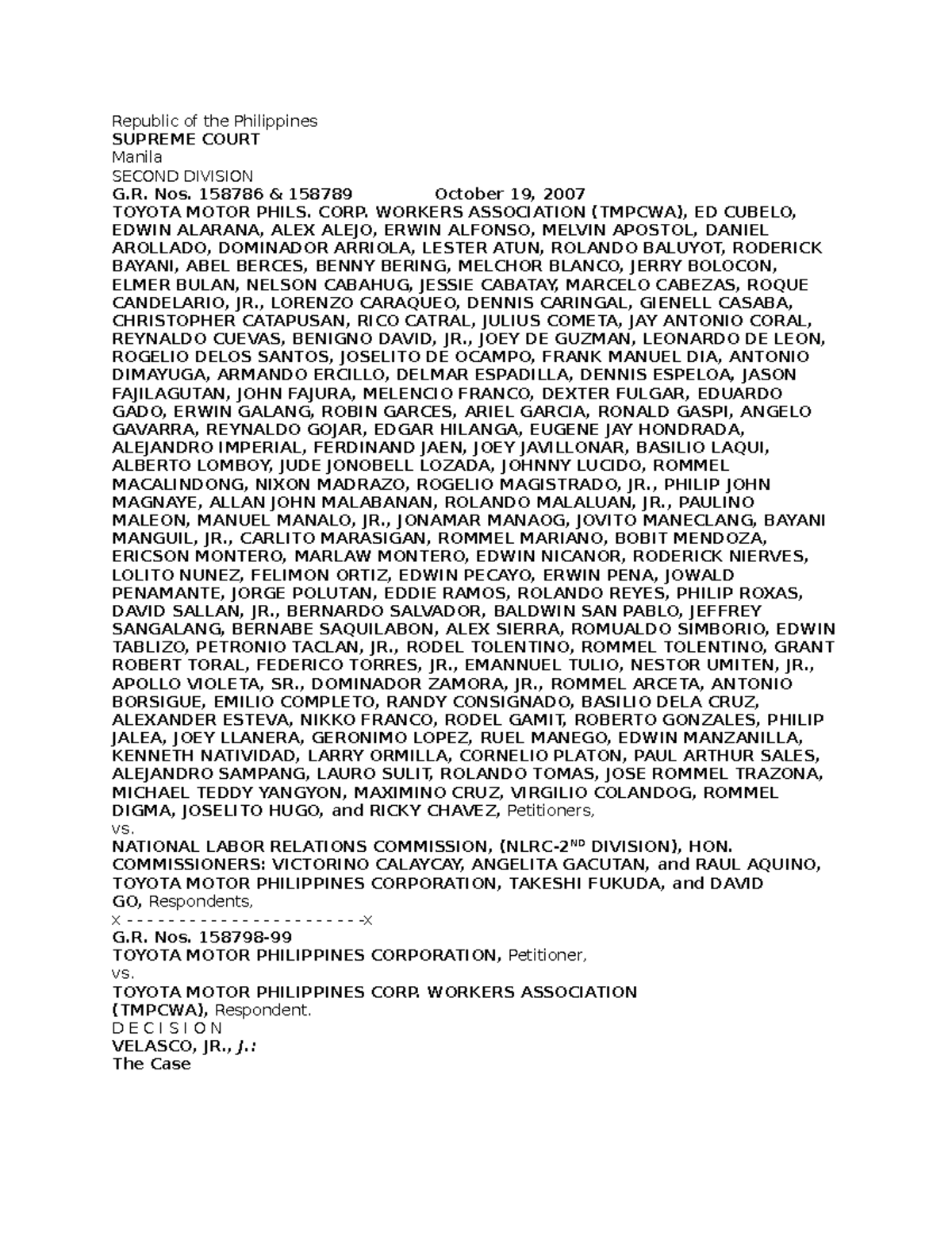 G.R. Nos. 158786 & 158789: Decision on TMPCWA vs. NLRC (2007) - Studocu