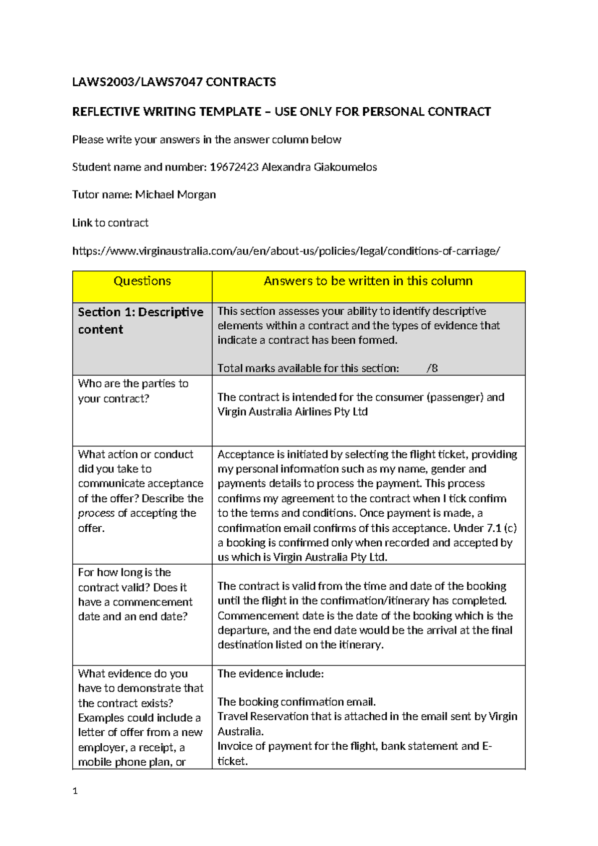 Reflective Writing Template (use for personal contract) - LAWS2003 ...
