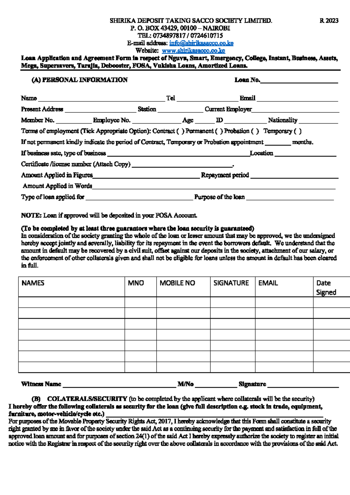 LOAN APPLICATION FORM - BBIT1 - Shirika Depositing Society 2023 - Studocu
