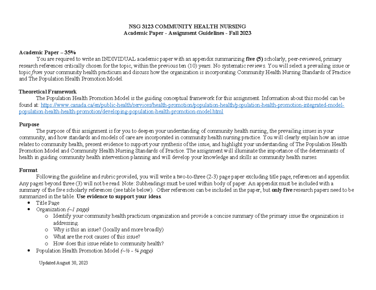 NSG 3123: Community Health Nursing Academic Paper Guidelines Fall 2023 ...