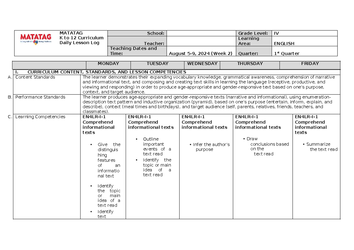 Matatag K to 12 Curriculum Daily Lesson Log: English G4 Week 2 - Studocu