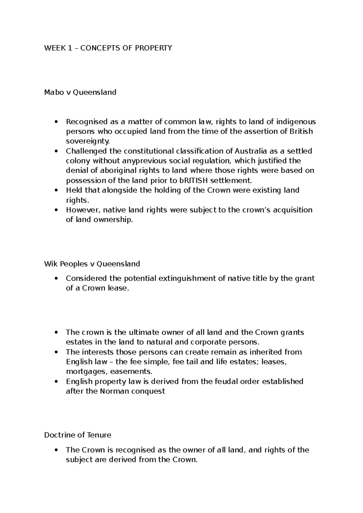 WEEK 1: Concepts of Property - Mabo & Wik Cases Analysis - Studocu